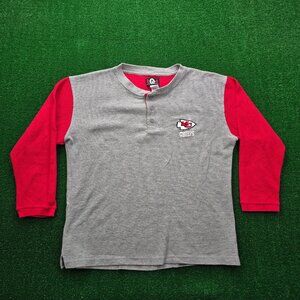 Kansas City Chiefs Tshirt Mens Large Gray Red Henley Knit Long Sleeve NFL